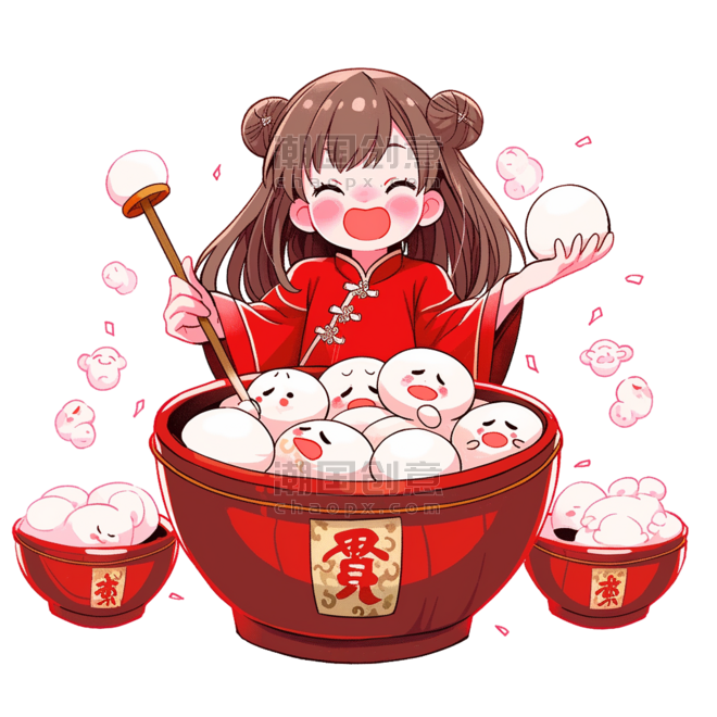 潮国创意手绘元素新年可爱孩子汤圆卡通春节做饭包饺子
