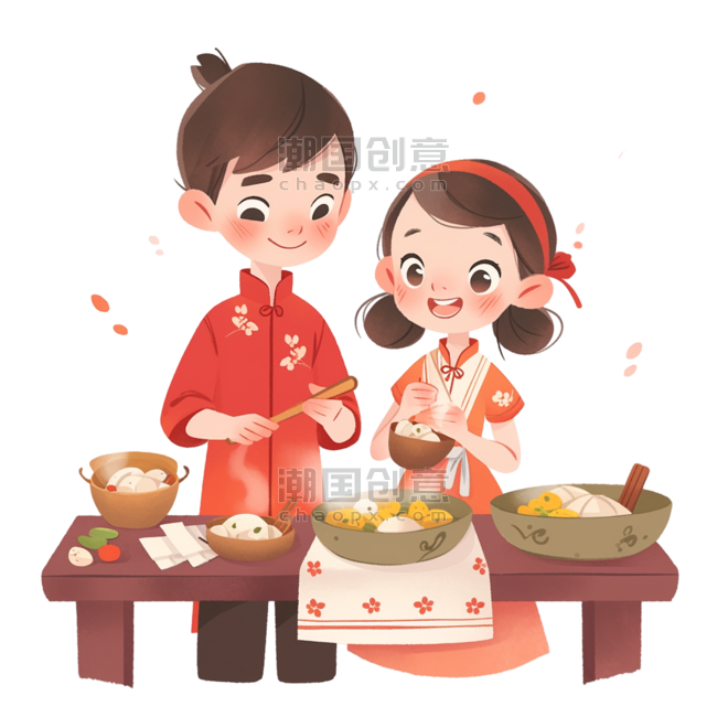 潮国创意手绘新年情侣做糕点卡通元素春节做饭包饺子