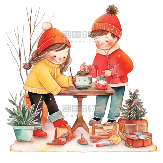 潮国创意手绘元素冬天可爱孩子植物卡通春节美食下午茶煮茶