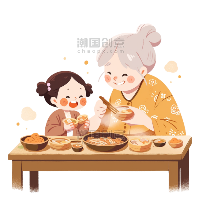 潮国创意手绘新年奶奶和孩子做糕点卡通元素春节包饺子