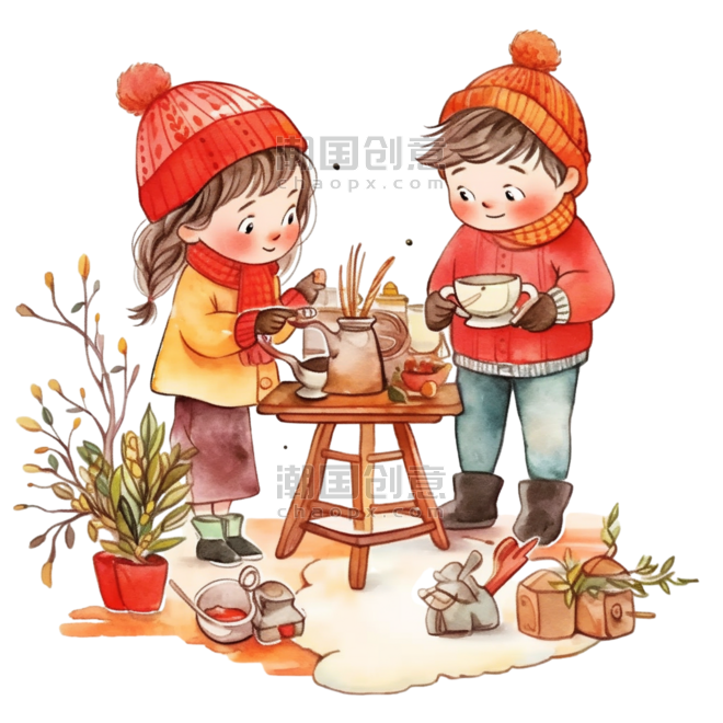 潮国创意卡通冬天可爱孩子植物手绘元素春节过年喝茶