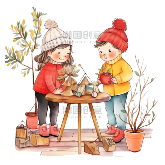 潮国创意可爱孩子植物卡通手绘元素冬天春节美食下午茶煮茶