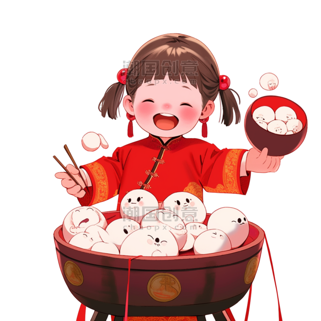 潮国创意卡通新年可爱孩子元素汤圆手绘春节做饭包饺子