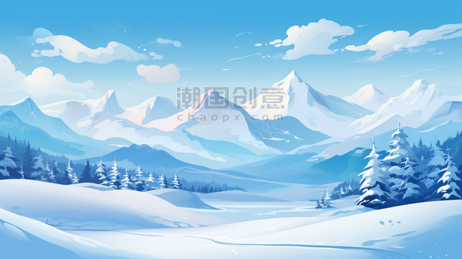 潮国创意冬天蓝天雪山森林插画4冬季卡通雪景高山