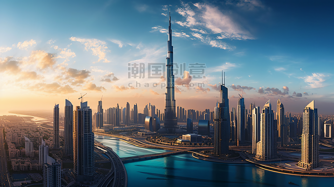 潮国创意阿联酋迪拜商业湾全景城市建筑风景地标