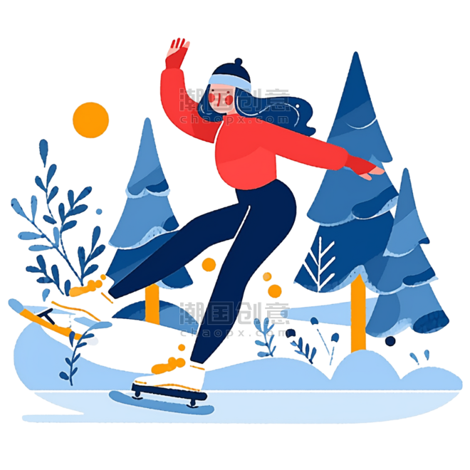 潮国创意冬天女孩滑冰卡通手绘元素扁平运动溜冰