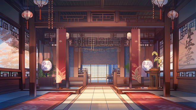 潮国创意古风建筑中国风厅堂游戏主视觉场景