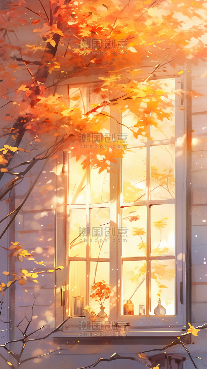 潮国创意橙色秋天窗前枫树枫叶风景2浪漫唯美