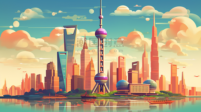潮国创意上海城市特色景点建筑扁平