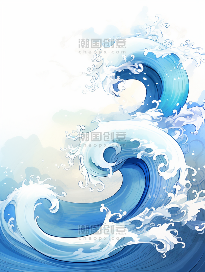 潮国创意中国风国潮海浪水波纹手绘插画