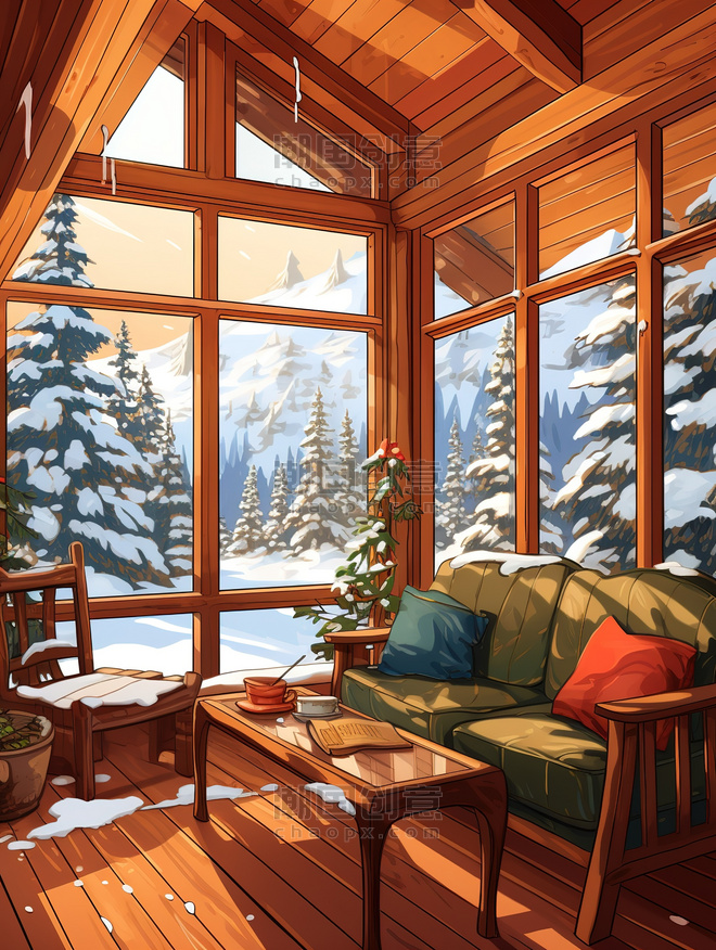 潮国创意温暖木屋窗外雪景2温馨别墅下雪冬天冬季室内