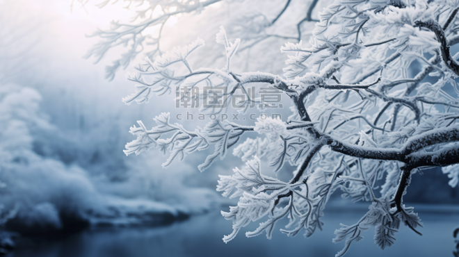 潮国创意冬季被冰雪覆盖的枝叶冬天