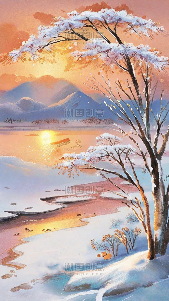 潮国创意肌理磨砂质感夕阳里的冬景雪景11冬天意境唯美浪漫