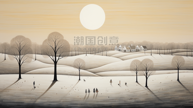 潮国创意冬季树林雪景风景插画10扁平意境抽象简约