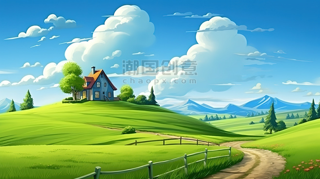 潮国创意蓝天白云绿色小草小山丘19卡通风景草坪田园