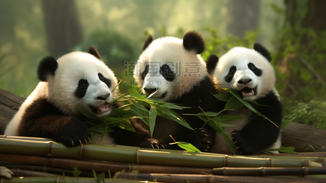 潮国创意竹林里有一群国宝大熊猫在玩耍国宝动物