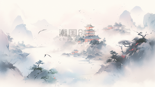 潮国创意唯美传统中国风山水风景插画16抽象游戏意境