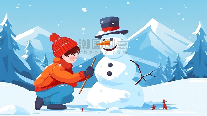 潮国创意一个小男孩在山上堆雪人7冬天