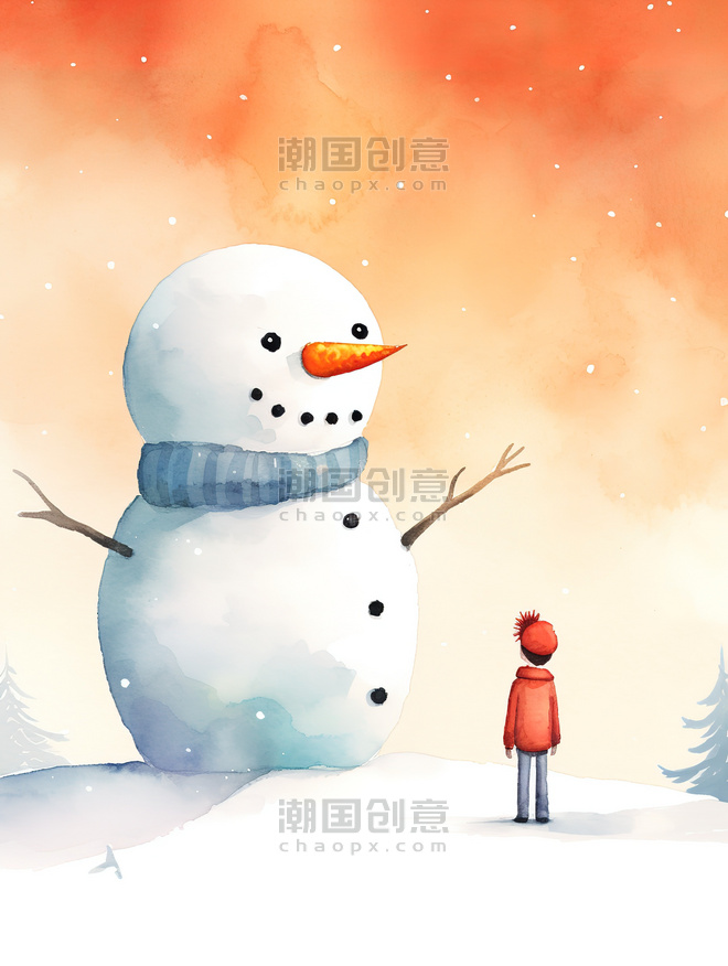 潮国创意儿童站在雪人旁边14冬天堆雪人