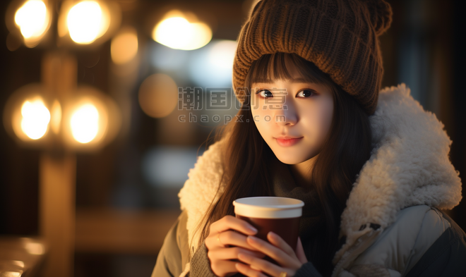 潮国创意冬日里正喝咖啡的女孩休闲冬天保暖人像