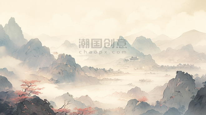 潮国创意唯美传统中国风山水风景插画3抽象游戏意境