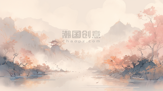 潮国创意唯美传统中国风山水风景插画6抽象游戏意境