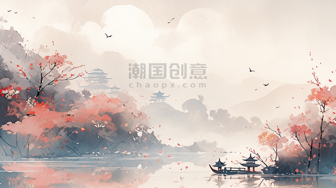 潮国创意唯美传统中国风山水风景插画2抽象游戏意境