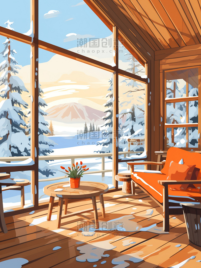 潮国创意温暖木屋窗外雪景11温馨别墅下雪冬天冬季室内