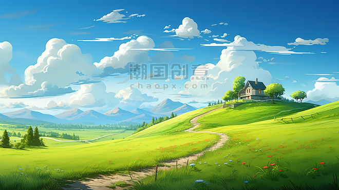 潮国创意蓝天白云绿色小草小山丘13天空卡通风景壁纸草地