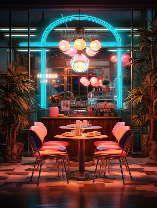 潮国创意霓虹灯下的现代复古风格咖啡馆1赛博朋克酒吧