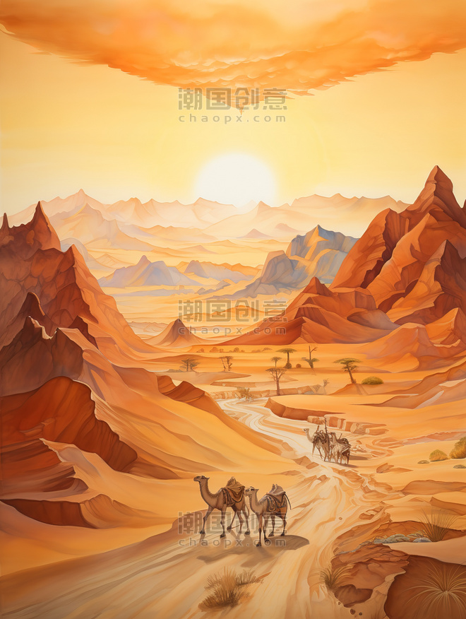 潮国创意丝绸之路山脉行走的骆驼12敦煌沙漠