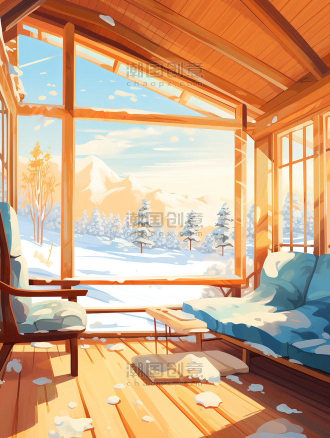 潮国创意温暖木屋窗外雪景13欧式度假冬天雪乡温暖温馨别墅