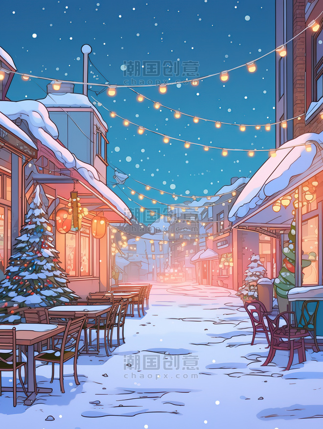 潮国创意舒适的圣诞节夜晚浪漫街道1冬天小镇冬季
