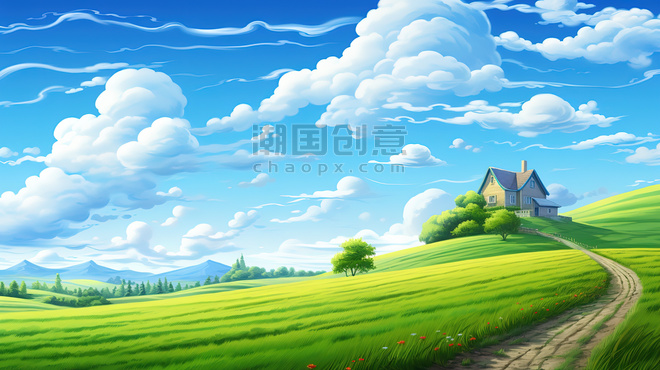 潮国创意蓝天白云绿色小草小山丘17天空壁纸卡通风景草坪