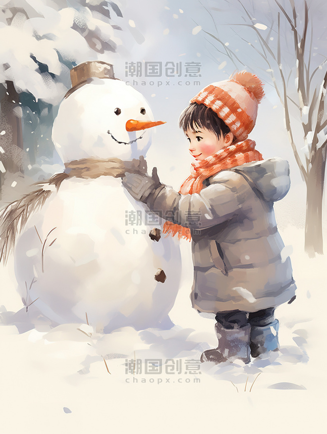 潮国创意院子里的雪人和小男孩10冬天堆雪人