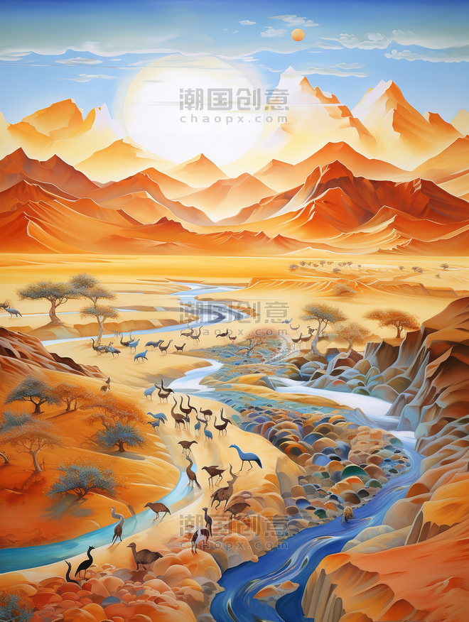 潮国创意丝绸之路山脉行走的骆驼9敦煌沙漠