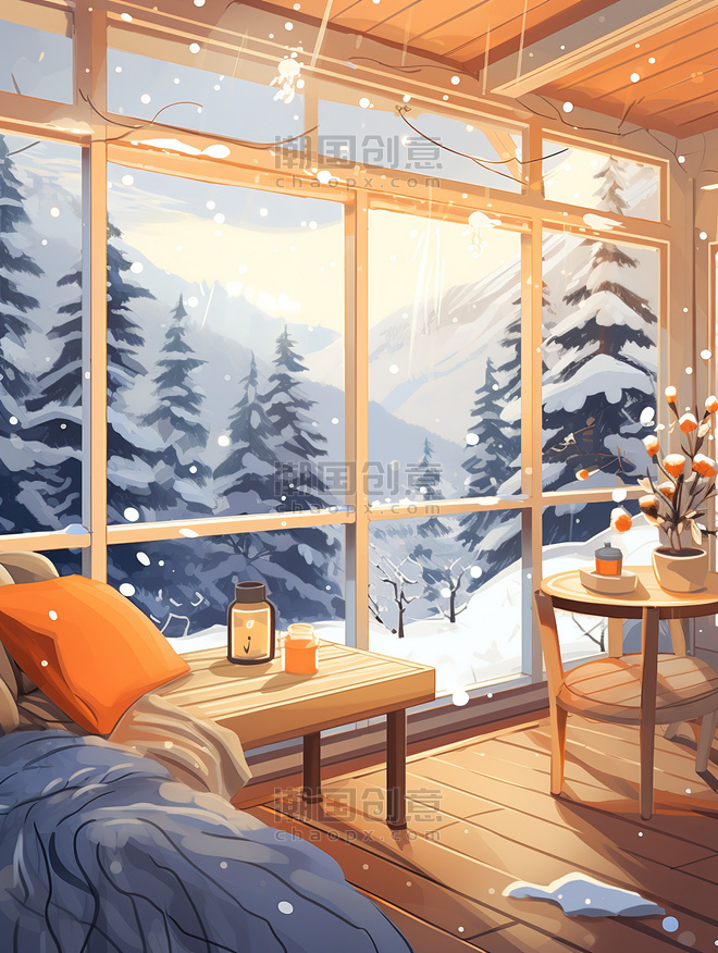 潮国创意温暖木屋窗外雪景8欧式度假冬天雪乡温暖温馨别墅