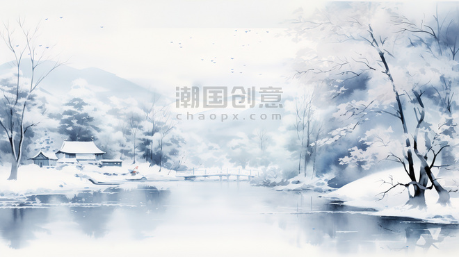 潮国创意宁静的冬季景象水彩画2中国风意境山水冬天雪景