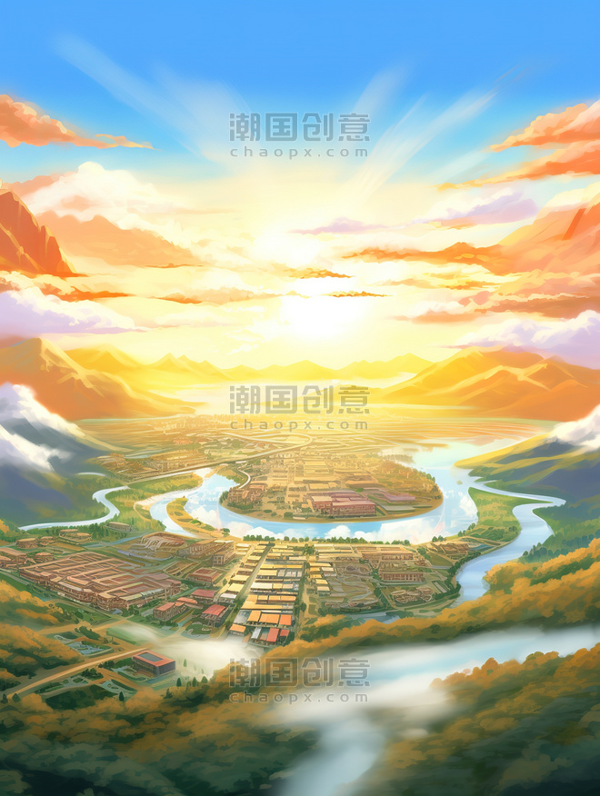 潮国创意农田绚丽的日出风景5云朵俯视城市壮阔山河