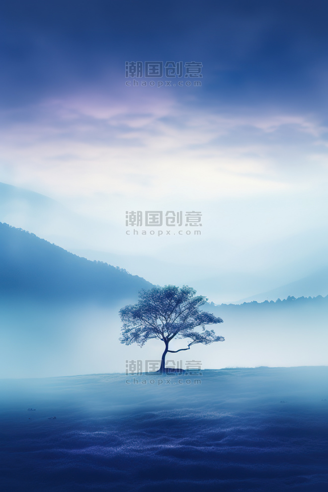 潮国创意浅蓝色雾蒙蒙孤独的树4梦幻植物意境抽象大雾