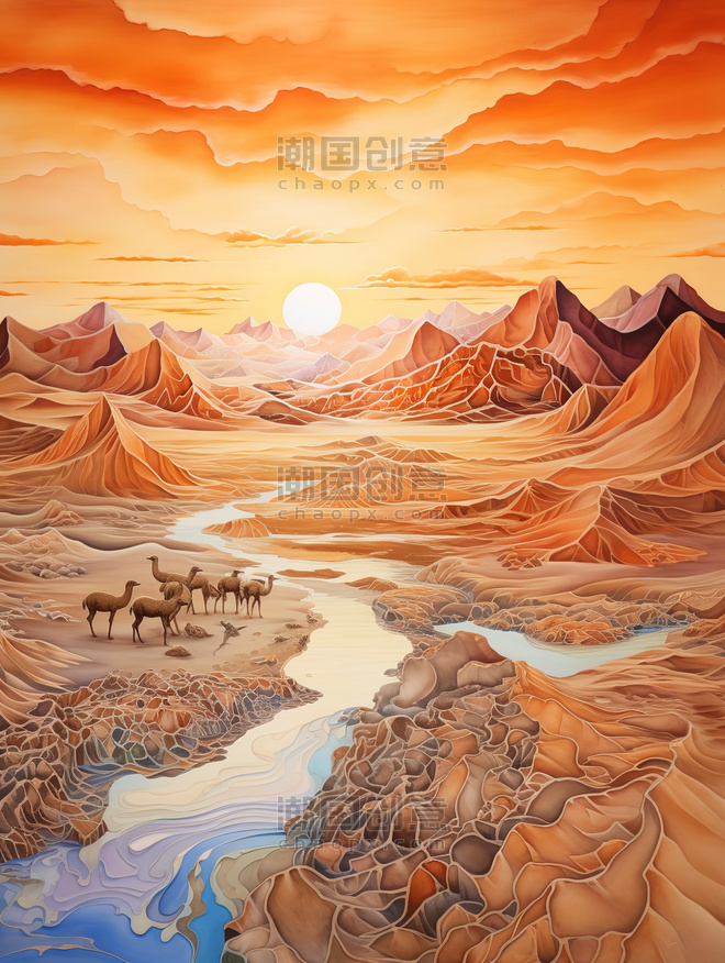 潮国创意丝绸之路山脉行走的骆驼3敦煌沙漠