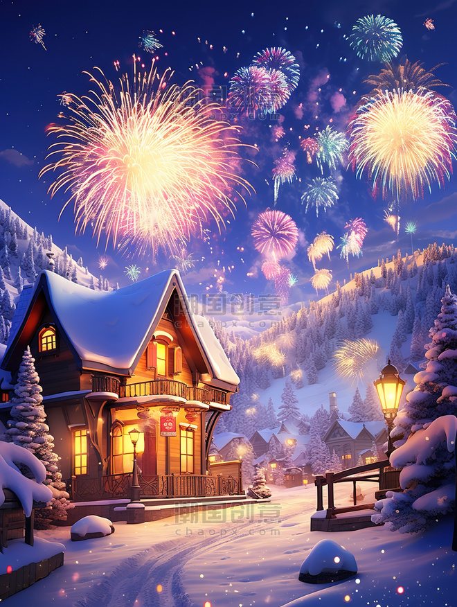 潮国创意雪地房子天空烟花夜空17圣诞元旦双旦冬天小镇北欧