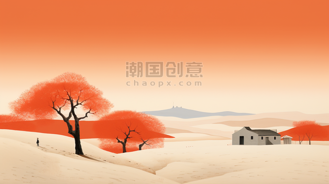 潮国创意橙色冬季田野风景插画22简约意境抽象