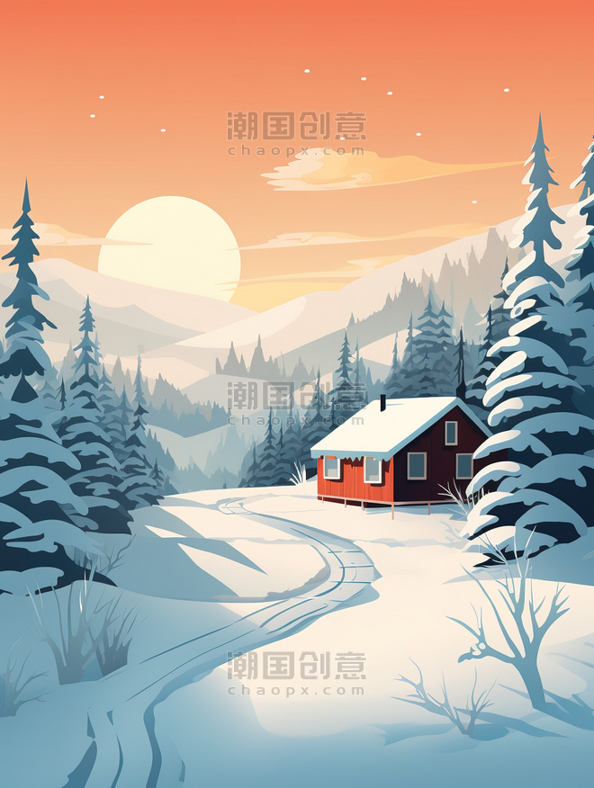 潮国创意白雪包围的冬季小屋15冬天雪景卡通森林扁平插画