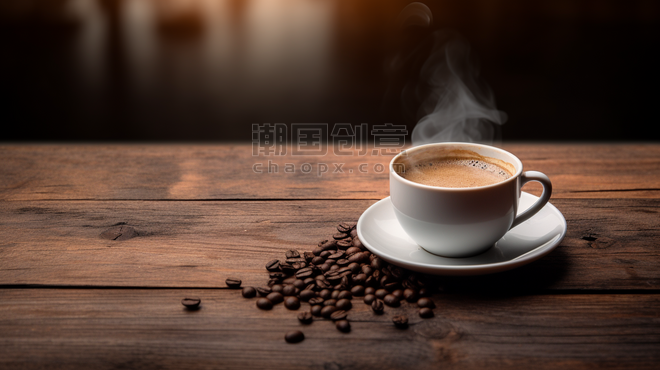 潮国创意写实咖啡杯咖啡豆木桌背景2