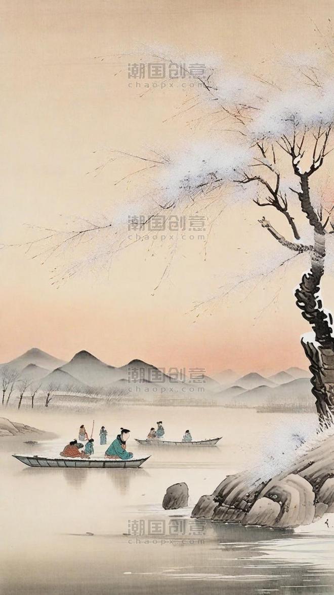 潮国创意肌理磨砂质感夕阳里的冬景雪景中国风意境