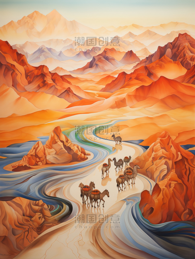 潮国创意丝绸之路山脉行走的骆驼10敦煌沙漠