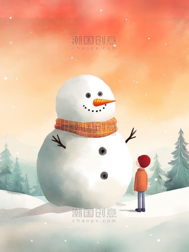 潮国创意儿童站在雪人旁边9冬天堆雪人