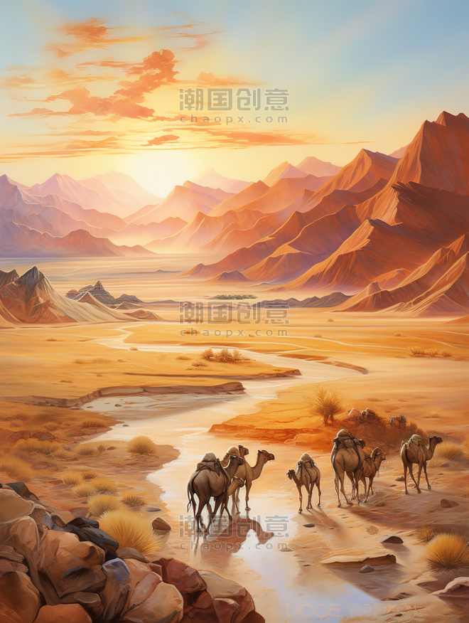 潮国创意丝绸之路山脉行走的骆驼11敦煌沙漠
