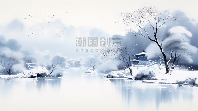 潮国创意宁静的冬季景象水彩画4中国风意境山水冬天雪景